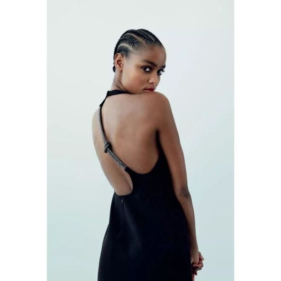 Zara Women Midi Dress Size M Black Shiny Halter Neck Cocktail 8620/707 NWT - Picture 4 of 16
